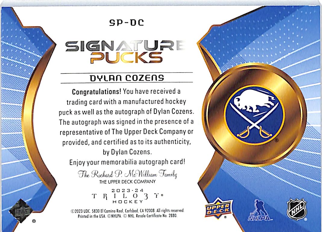 2023-24 Upper Deck Trilogy Signature Pucks Dylan Cozens Autograph #SP-DC Sabres