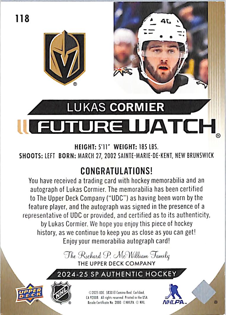 2024-25 Upper Deck SP Authentic Lukas Cormier Future Watch Auto Patch /100 #118