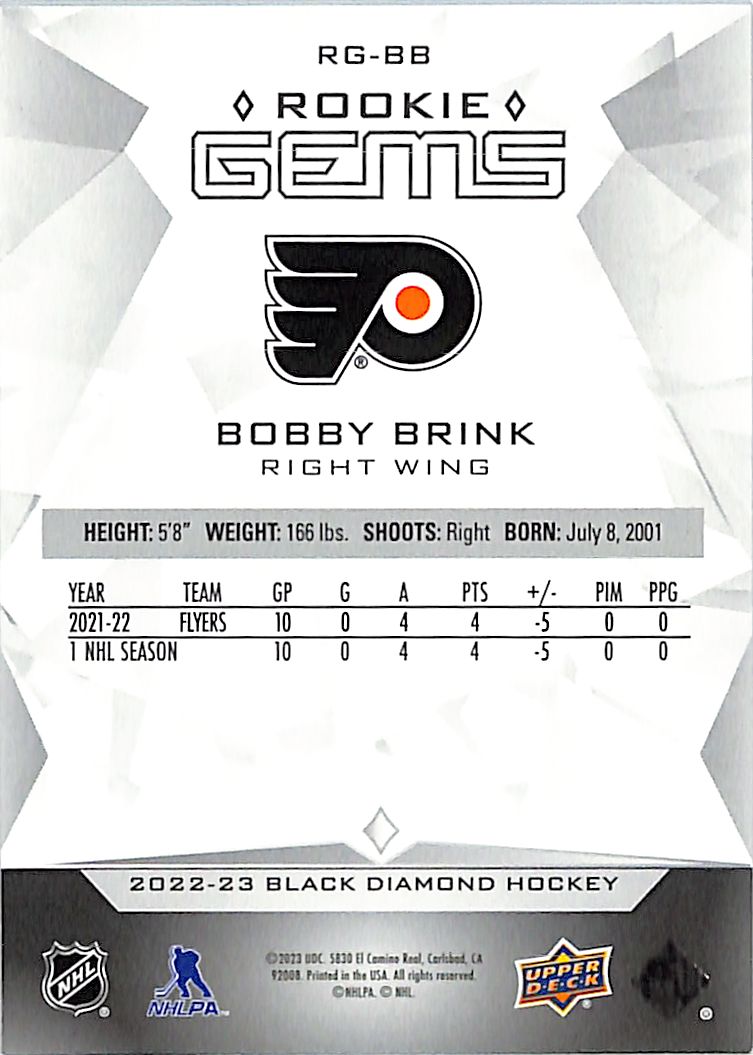 2022-23 Upper Deck Black Diamond Bobby Brink /399 Rookie Gems #RG-BB Flyers