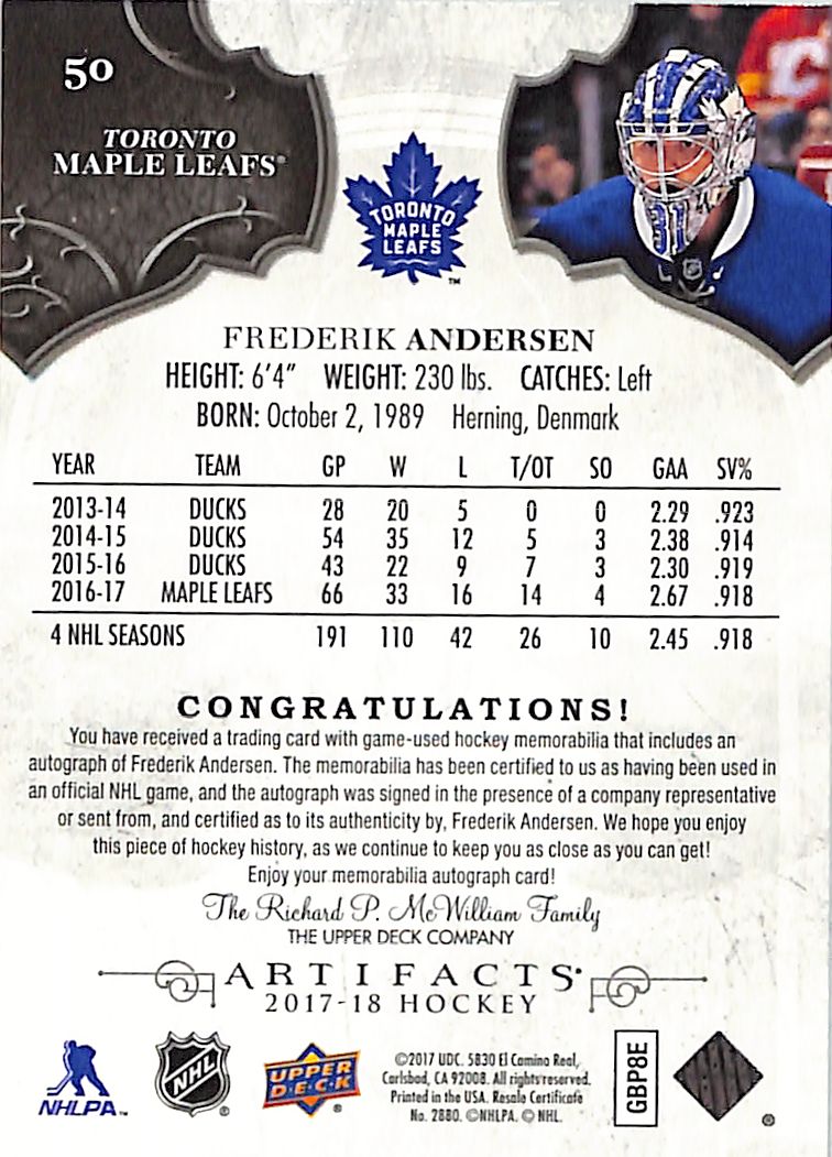2017-18 Upper Deck Artifacts Frederik Andersen /99 Jersey Auto #50 Maple Leafs