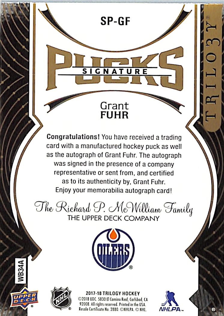2017-18 Upper Deck Trilogy Signature Pucks Grant Fuhr Autograph #SP-GF Oilers