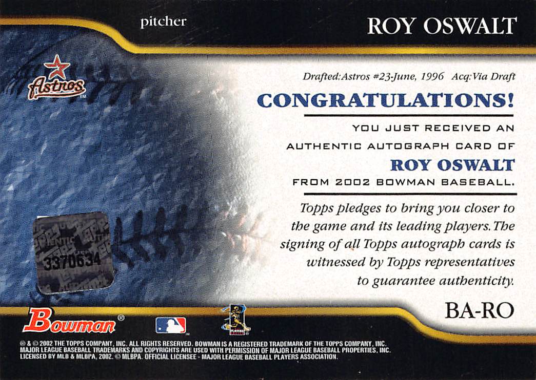 2002 Bowman Baseball Roy Oswalt Auto Autograph #BA-RO Houston Astros