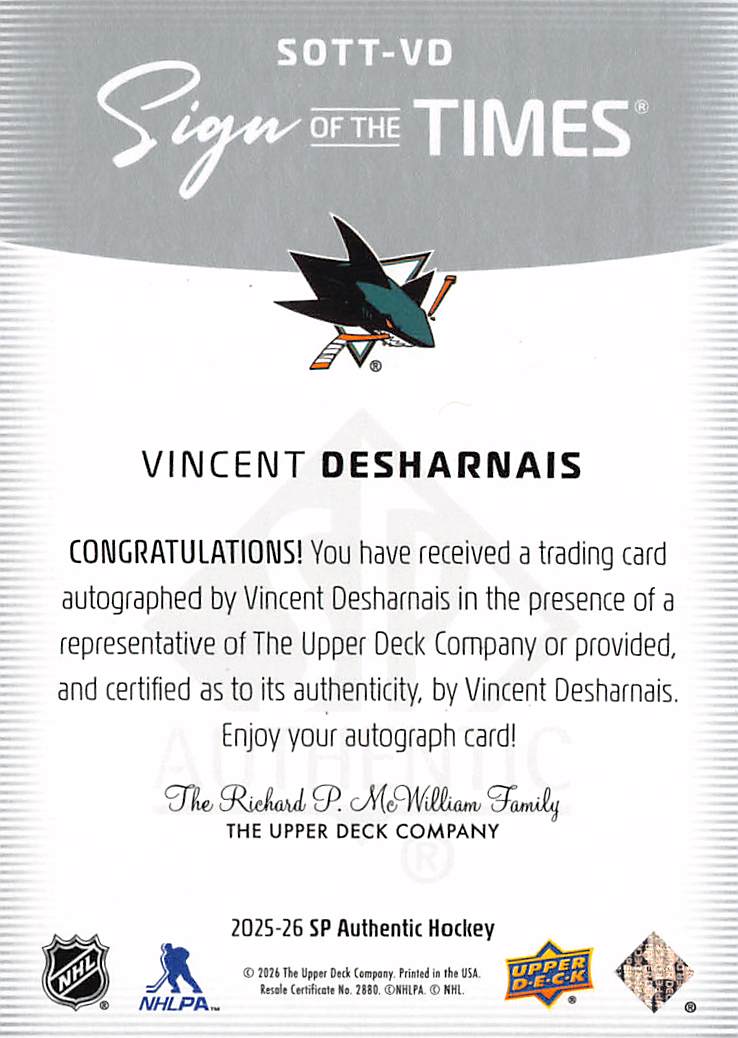2025-26 Upper Deck SP Authentic Sign of the Times Vincent Desharnais #SOTT-VD