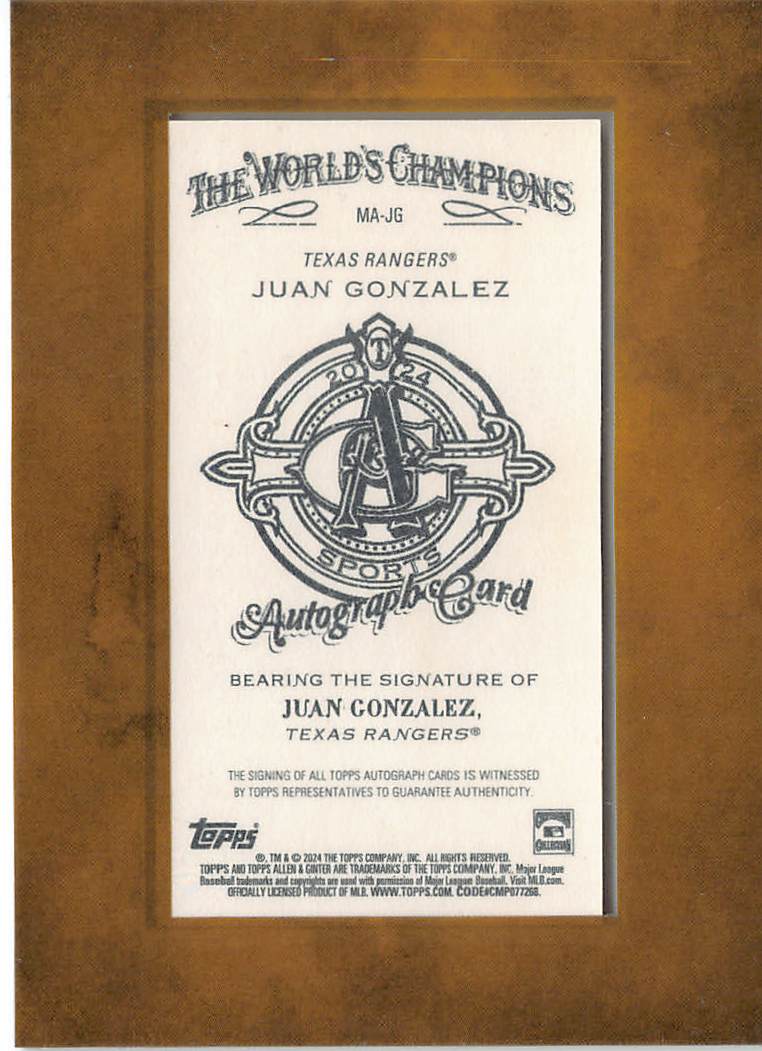 2024 Topps Allen & Ginter Juan Gonzalez Mini Framed Auto #MA-JG Texas Rangers