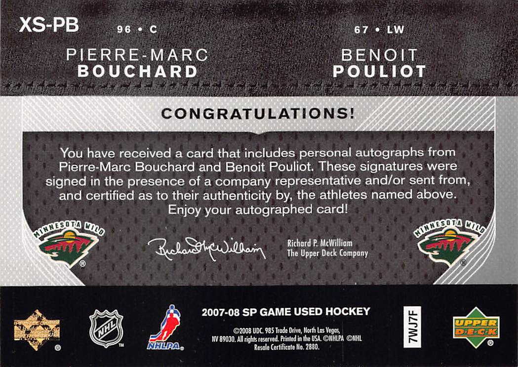2008 SP Game Used Extra Significance Pouliot Bouchard Auto /25 #XS-PB Wild