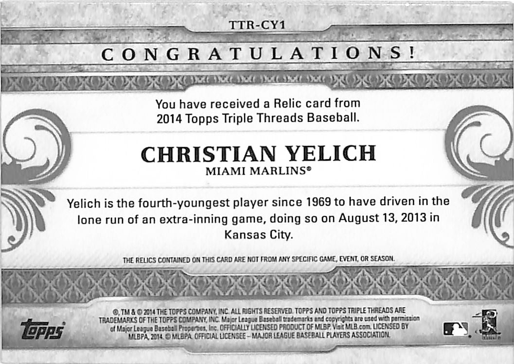 2014 Topps Triple Threads Christian Yelich /36 Relic Bat #TTR-CY1 Miami Marlins