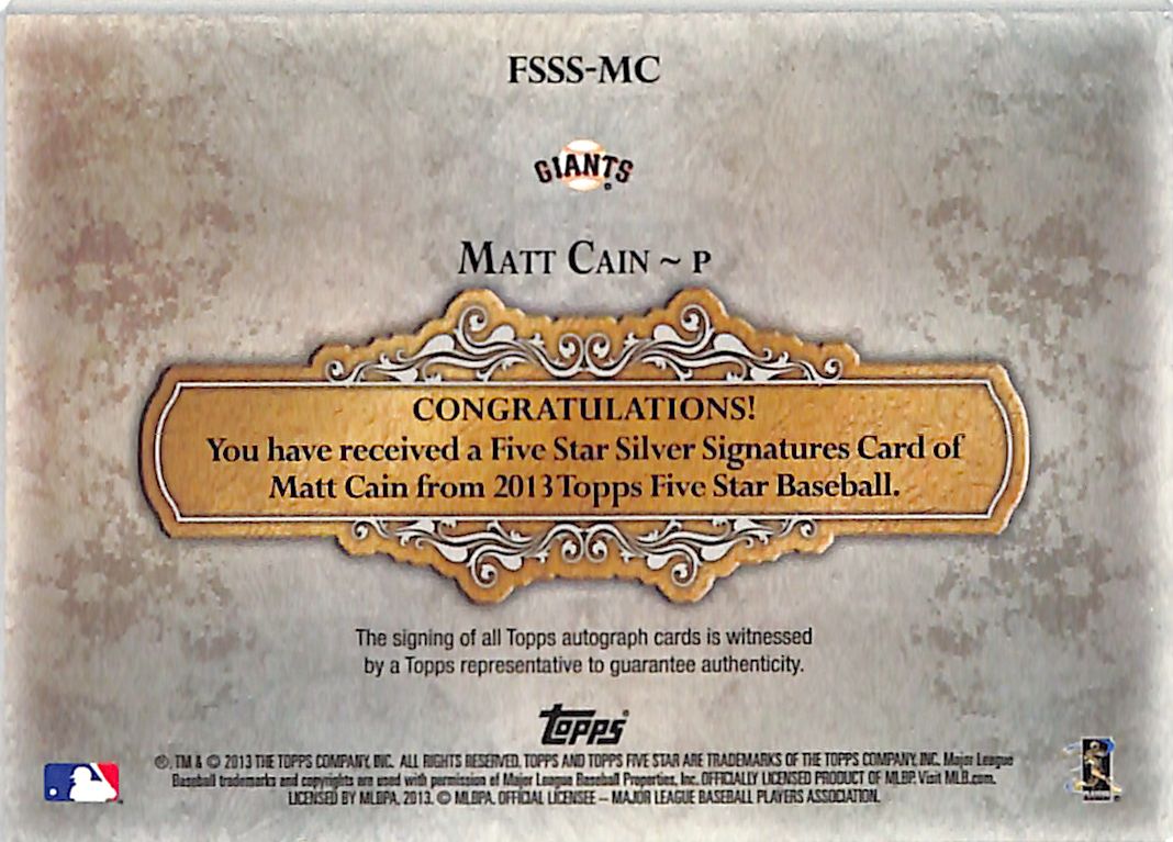 2013 Topps Five Star Baseball Matt Cain Silver Signatures /65 #FSSS-MC Giants