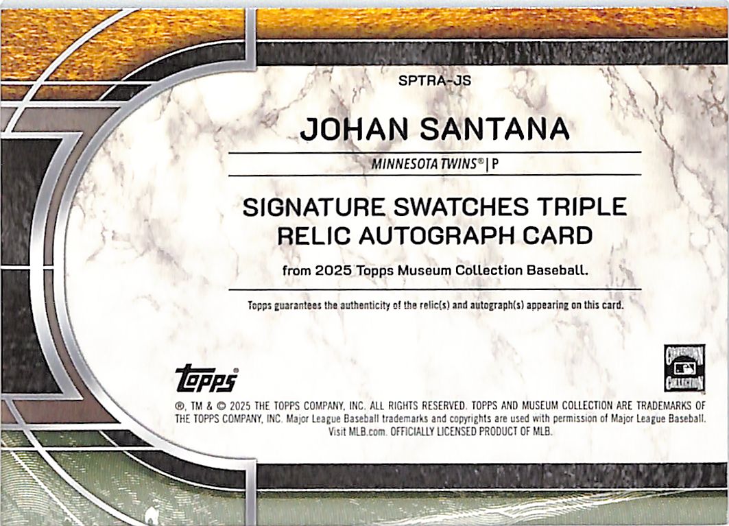 2025 Topps Museum Collection Johan Santana /75 Relic Patch Auto #SPTRA-JS Twins