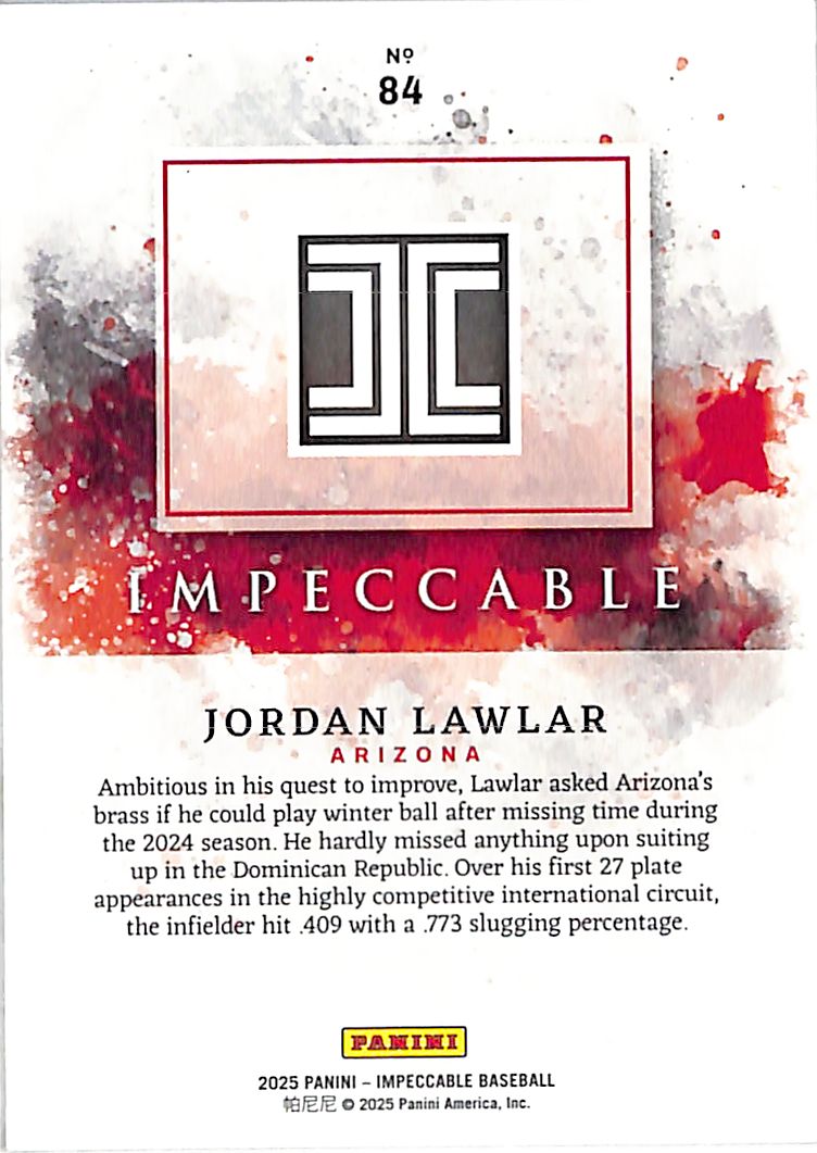 2025 Panini Impeccable Jordan Lawlar Gold /35 Rookie #84 Arizona Diamondbacks