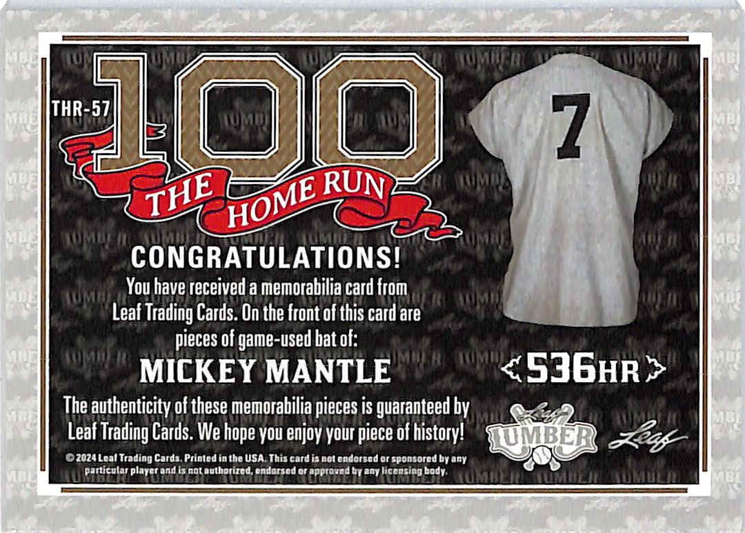 2024 Leaf Lumber Mickey Mantle /20 Game-Used Bat #THR-57 New York Yankees