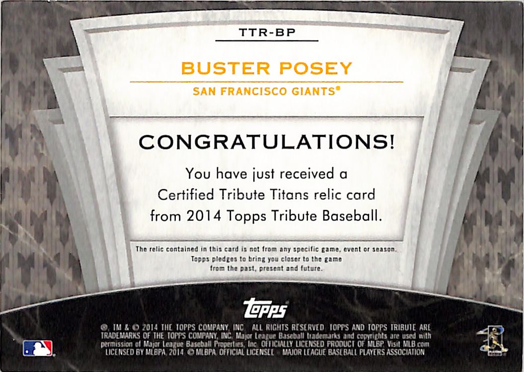 2014 Topps Tribute Tribute Titans Buster Posey /99 Patch Jersey #TTR-BP Giants