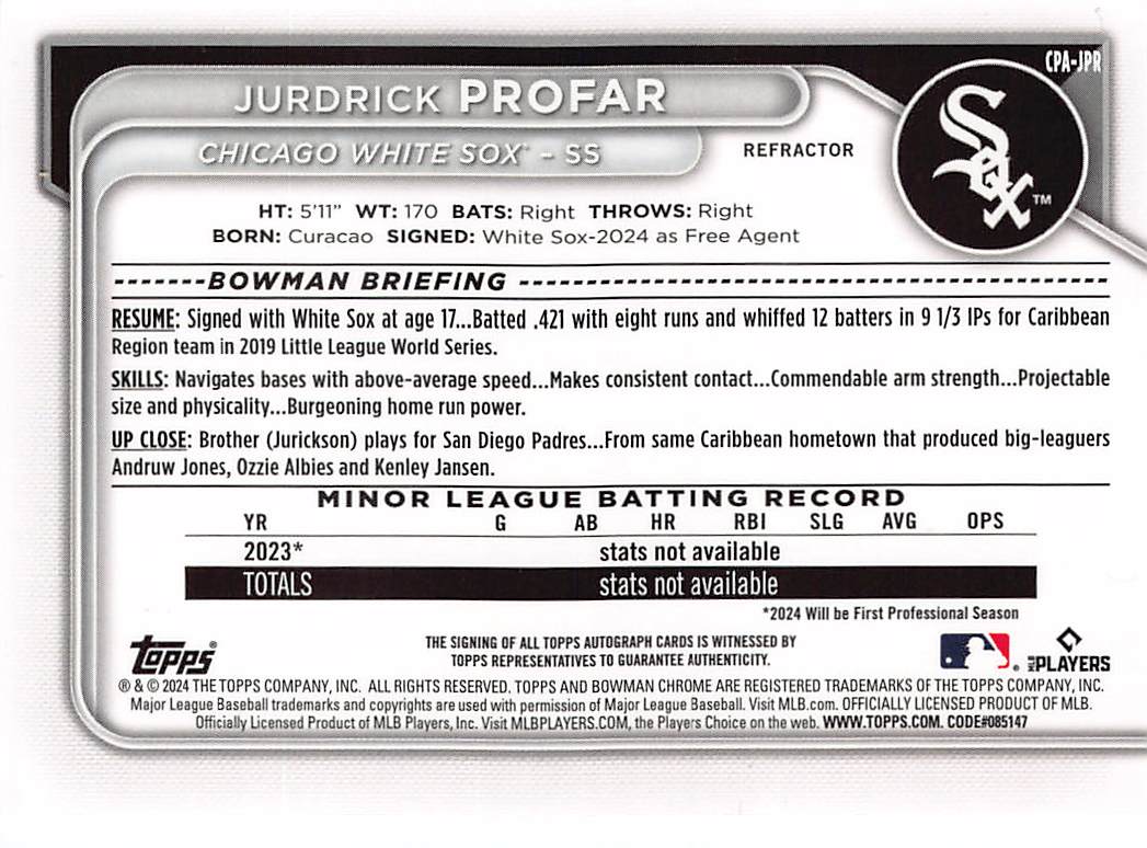 2024 Bowman Chrome Jurdrick Profar Refractor Auto /499 Rookie #CPA-JPR White Sox