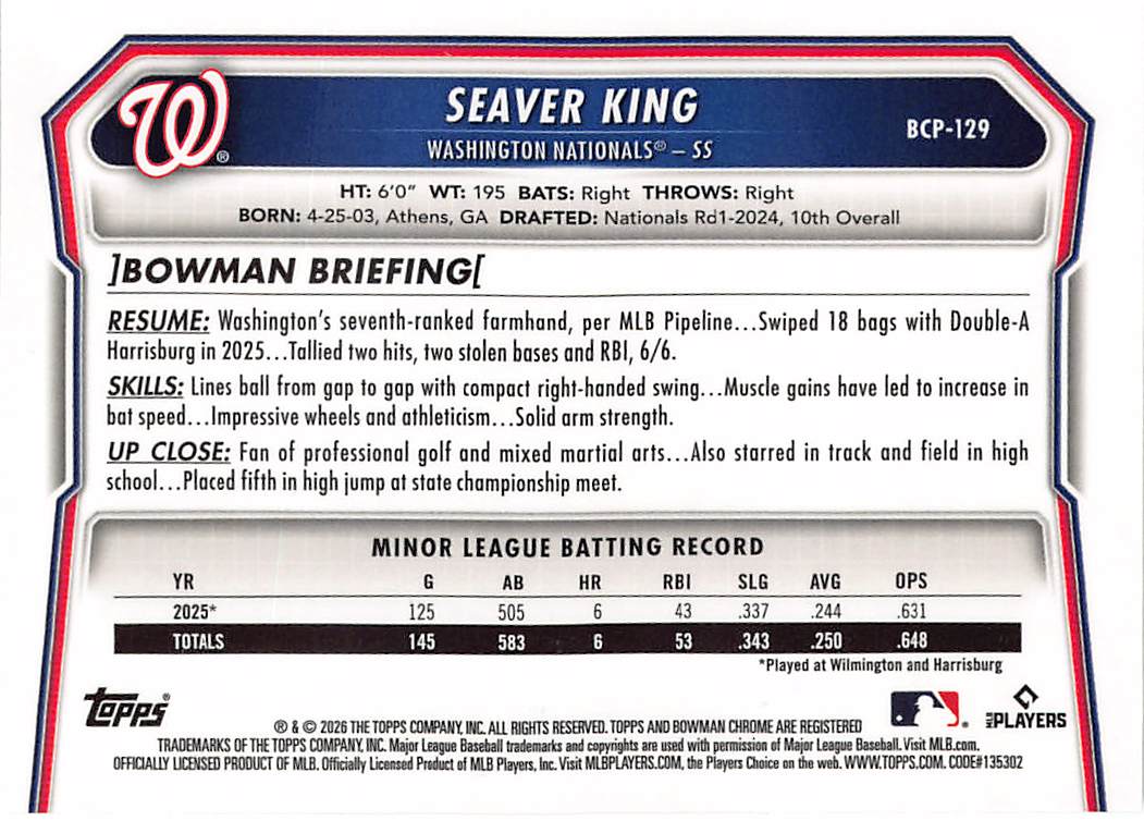 2026 Bowman Chrome Seaver King Gold Reptilian /50 Rookie #BCP-129 Nationals