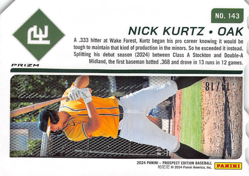 2024 Panini Prospect Edition Prizm Nick Kurtz Die Cut /18 Rookie #143 Athletics