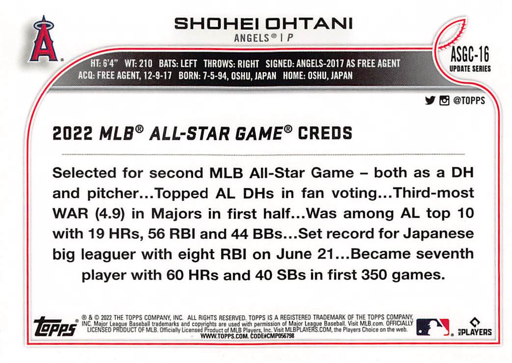 2022 Topps Chrome Update Series Shohei Ohtani All Star Game #ASGC-16 Angels