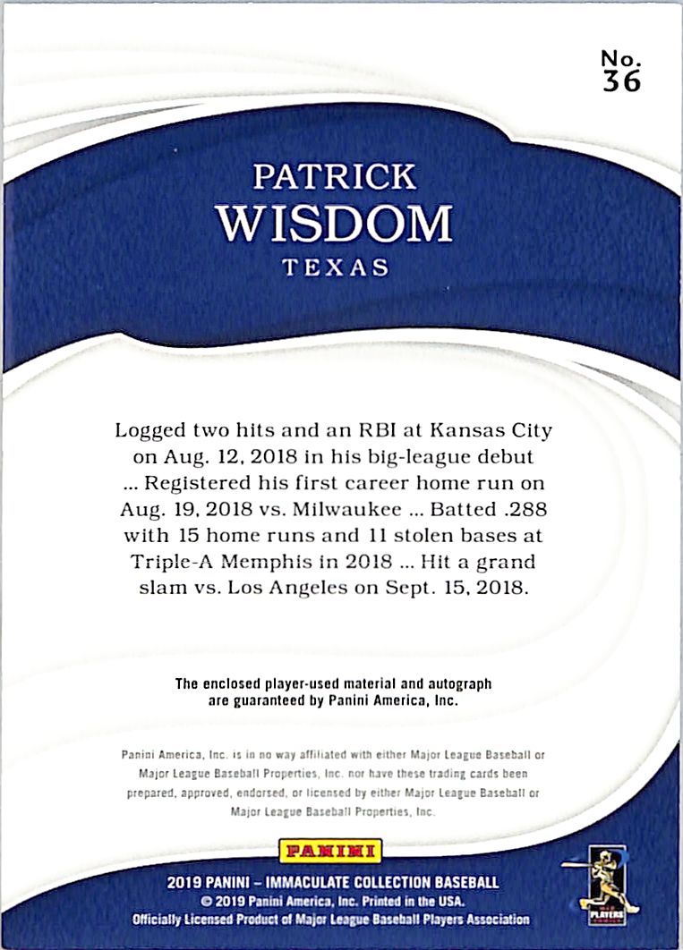 2019 Immaculate Collection Patrick Wisdom /99 Rookie Autograph Patch #36 Rangers