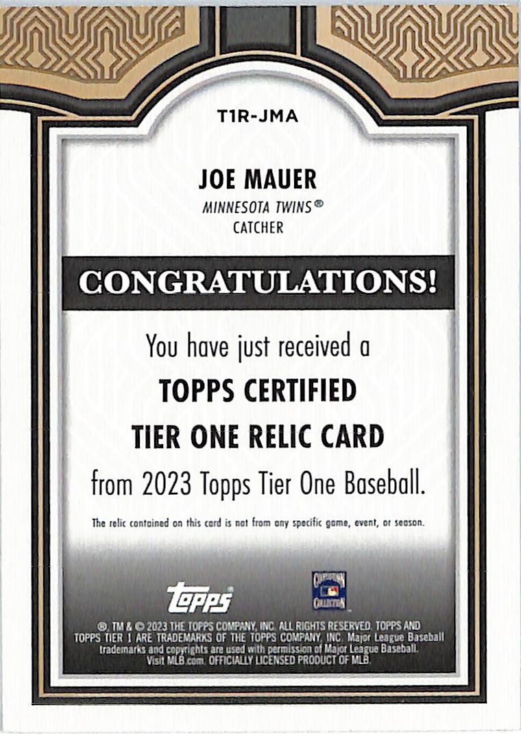 2023 Topps Tier One Joe Mauer /400 Relic Memorabilia #T1R-JMA Minnesota Twins