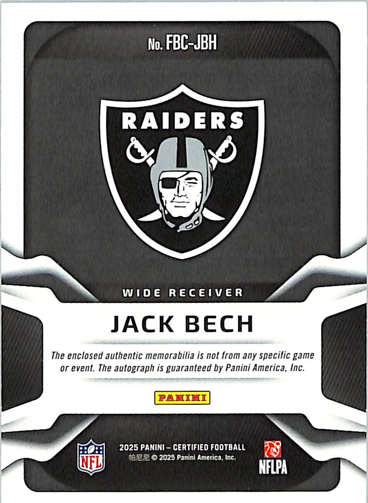 2025 Certified Freshman Fabric Jack Bech Pink /299 Rookie Auto Patch #FBC-JBH