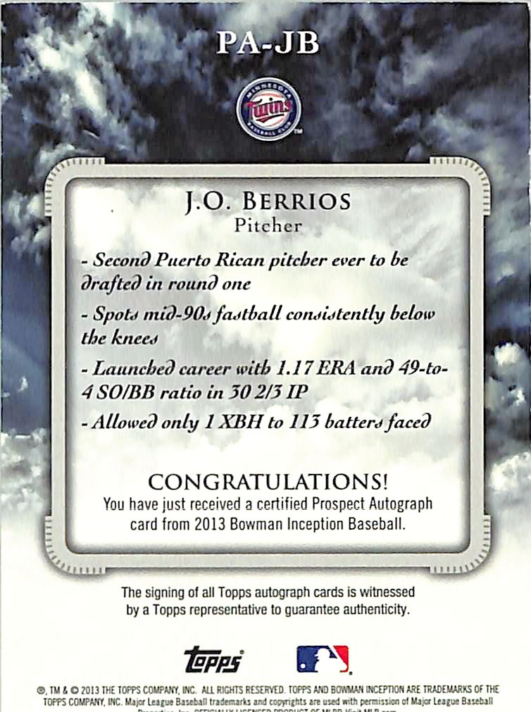 2013 Bowman Inception J.O. Berrios Rookie Autograph Auto #PA-JB Minnesota Twins