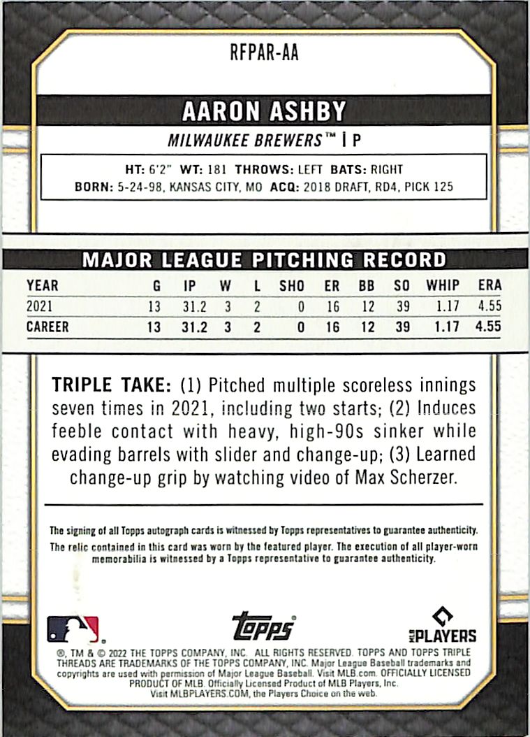 2022 Topps Triple Threads Aaron Ashby /99 Patch RC Auto Rookie #RFPAR-AA Brewers