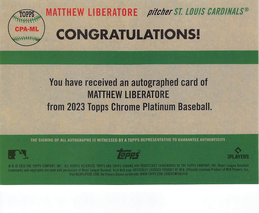 2023 Topps Chrome Platinum Baseball Matthew Liberatore Rookie Auto #CPA-ML