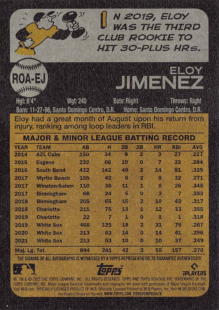 2022 Topps Heritage Eloy Jimenez Auto Autograph #ROA-EJ Chicago White Sox