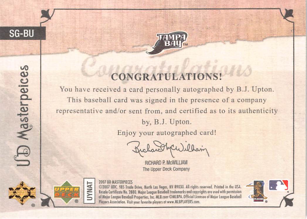 2007 Upper Deck Masterpieces Stroke of Genius B.J. Upton #SG-BU Devil Rays