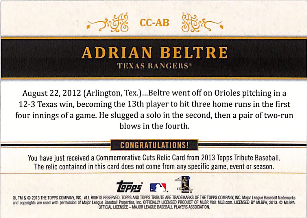 2013 Topps Tribute Adrian Beltre /50 Commemorative Cuts Patch #CC-AB Rangers