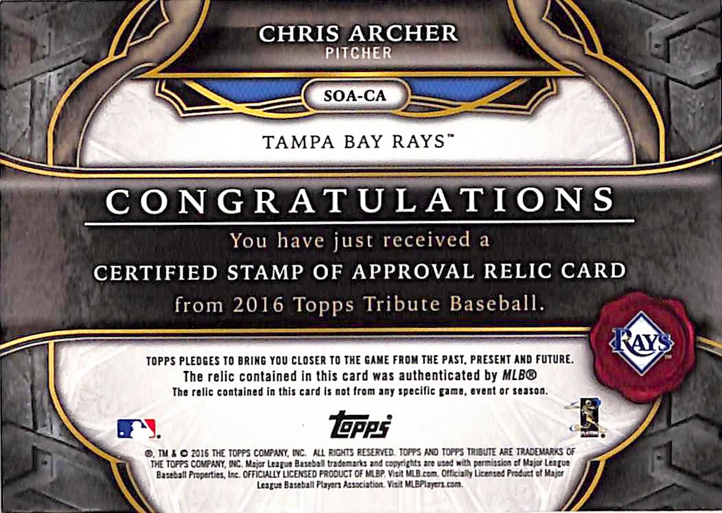 2016 Topps Tribute Chris Archer Patch /199 Relic #SOA-CA Tampa Bay Rays