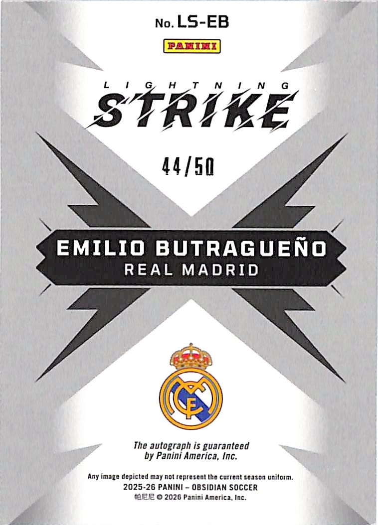 2025-26 Obsidian Lightning Strike Emilio Butragueño Auto /50 #LS-EB Real Madrid