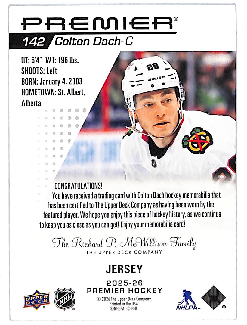 2025-26 Upper Deck Premier Colton Dach Rookie Memorabilia Jersey #142 Blackhawks
