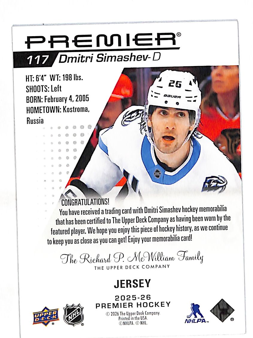 2025-26 Upper Deck Premier Dmitri Simashev Rookie Memorabilia Jersey #117 Utah