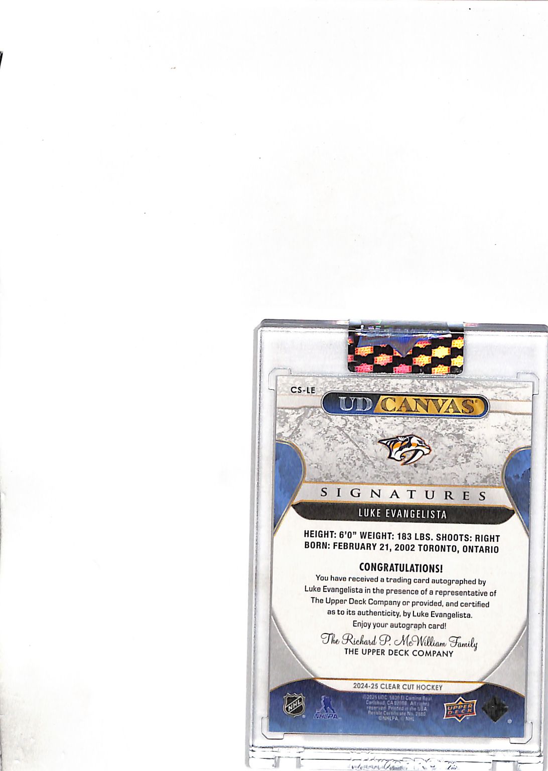 2024-25 Upper Deck Clear Cut Canvas Signatures Luke Evangelista #CS-LE Predators