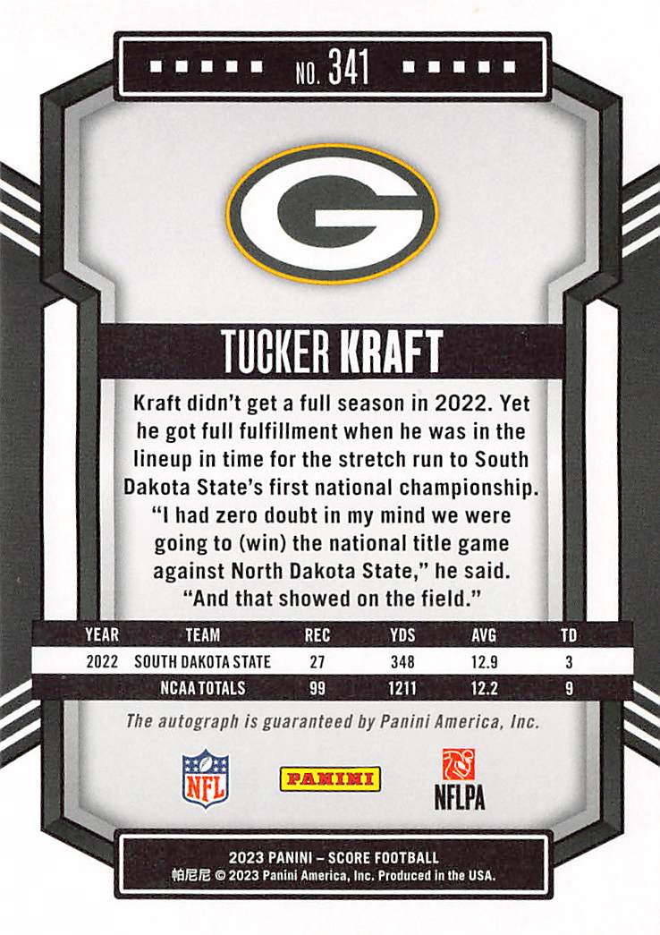 2023 Panini Score Football Tucker Kraft Rookie Autograph RC #341 Packers