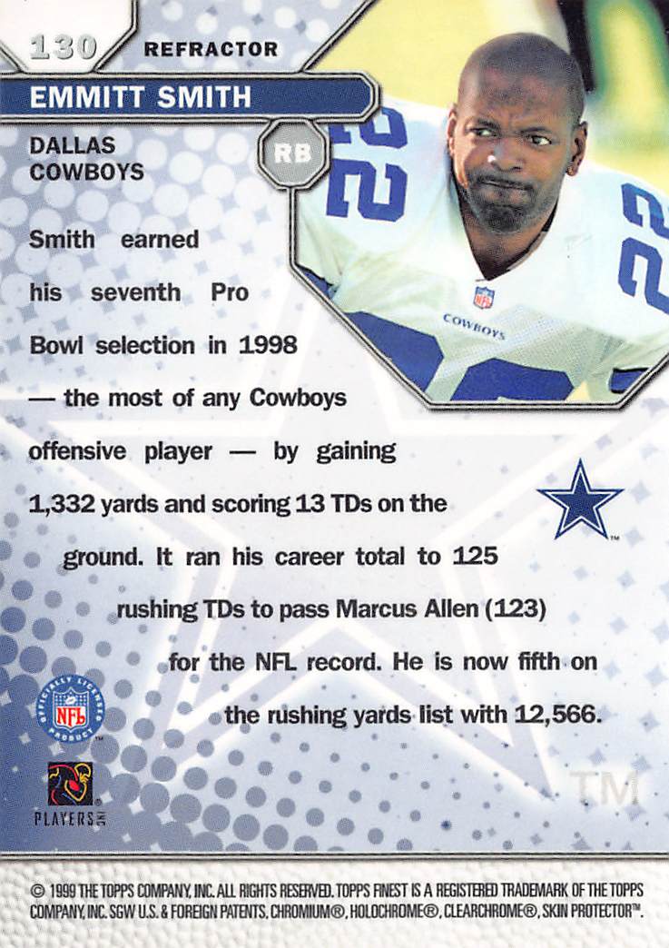 1999 Topps Finest Emmitt Smith Refractor #130 Dallas Cowboys