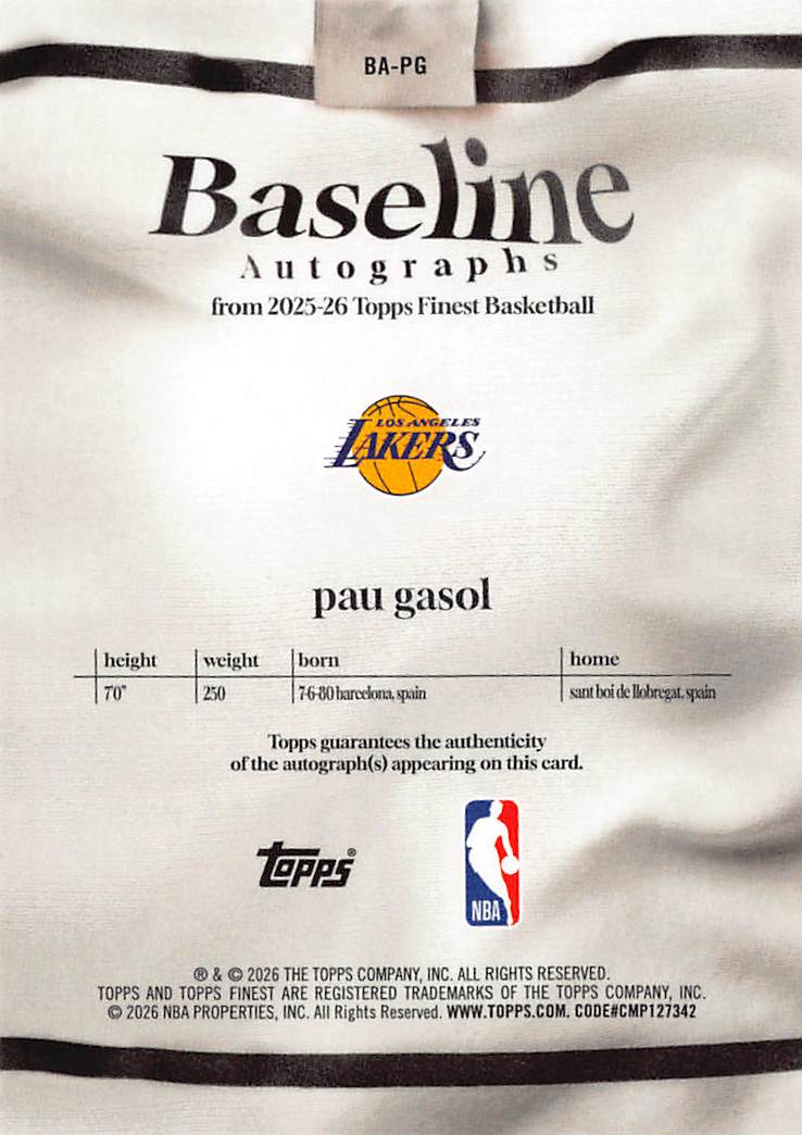 2025-26 Topps Finest Pau Gasol Baseline Autograph Red /5 #BA-PG Lakers