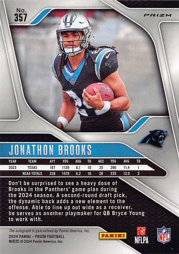 2024 Panini Prizm Jonathon Brooks Rookie Autograph Silver RC #357 Panthers