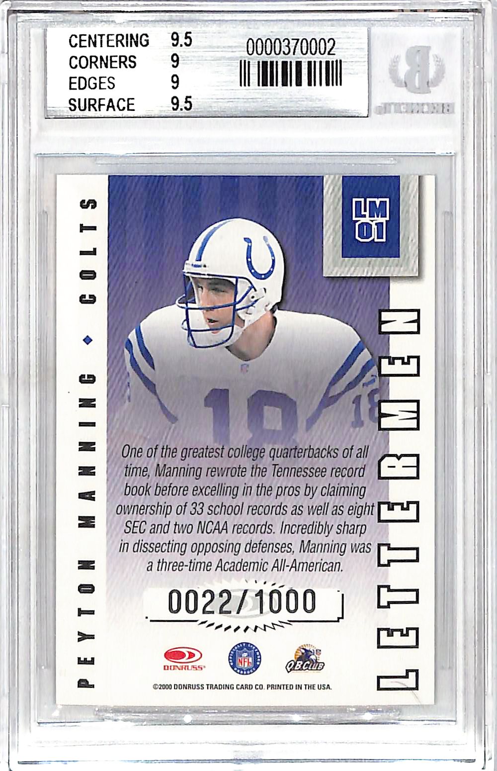 2000 Donruss Preferred QBC Lettermen Peyton Manning Graded Series 0022/1000 #LM01 BGS 9 Indianapolis Colts