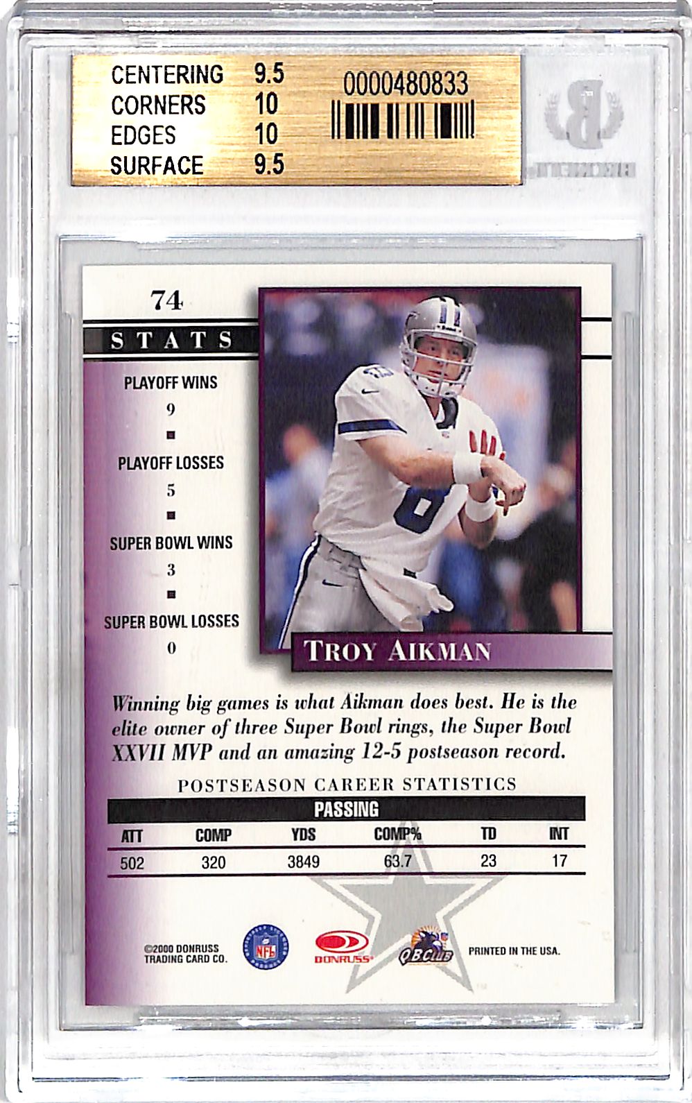 2000 Donruss Preferred QBC Troy Aikman Graded Series /1125 #74 BGS 9.5 Dallas Cowboys