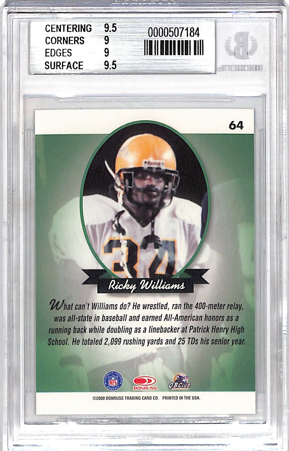 2000 Donruss Preferred Ricky Williams Graded Series /1125 #64 BGS 9