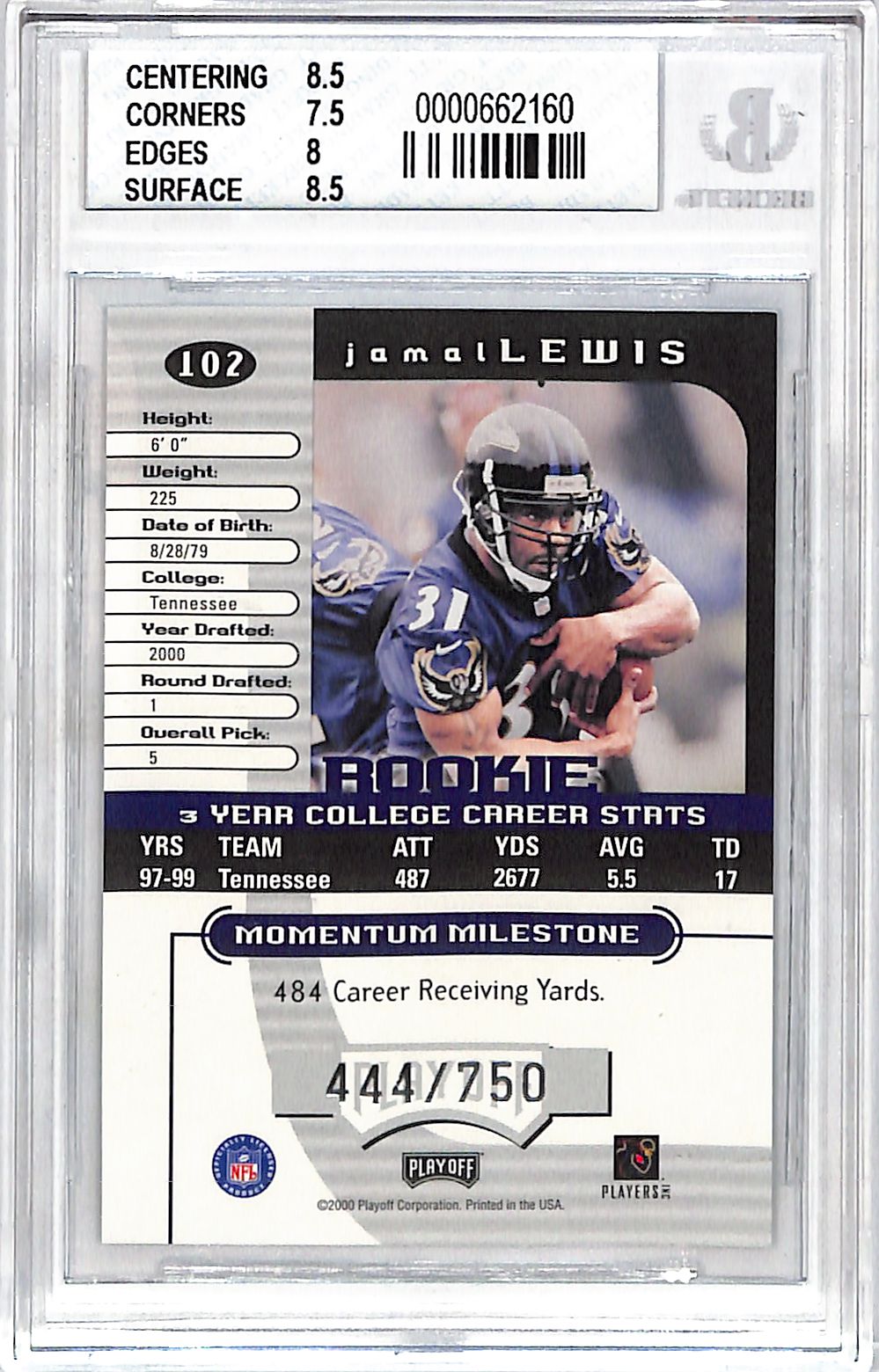 2000 Playoff Momentum Jamal Lewis Graded Series /175 Rookie #102 BGS 8 Baltimore Ravens