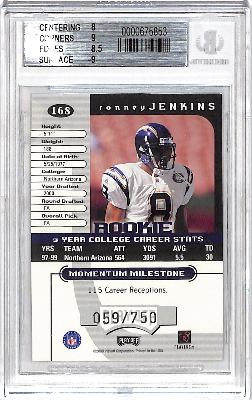 2000 Playoff Momentum Ronney Jenkins Graded Series /175 Rookie #168 BGS 8.5 San Diego Chargers