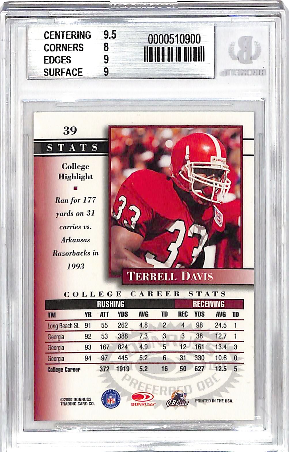 2000 Donruss Preferred QBC Terrell Davis Graded Series /1125 #39 BGS 8.5 Georgia Bulldogs
