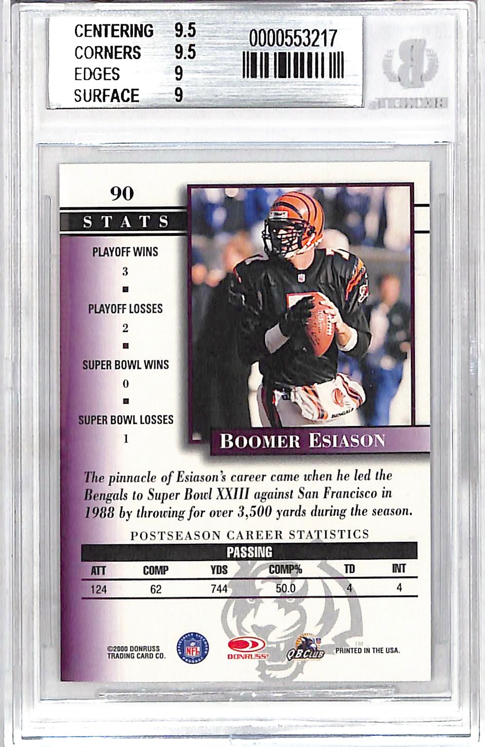 2000 Donruss Preferred Boomer Esiason Graded Series /1125 #90 BGS 9 Cincinnati Bengals