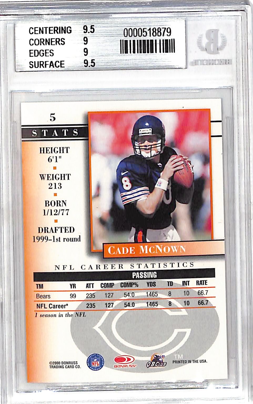 2000 Donruss Preferred Cade McNown Graded Series /1125 #5 BGS 9 Chicago Bears