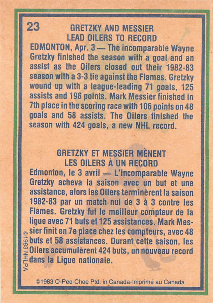 1983-84 O-Pee-Chee Wayne Gretzky Mark Messier #23 Edmonton Oilers