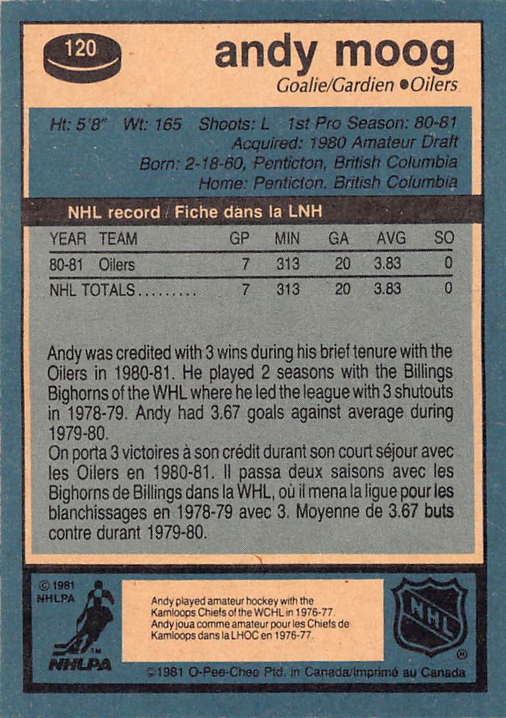 1981-82 O-Pee-Chee Andy Moog Rookie #120 Edmonton Oilers