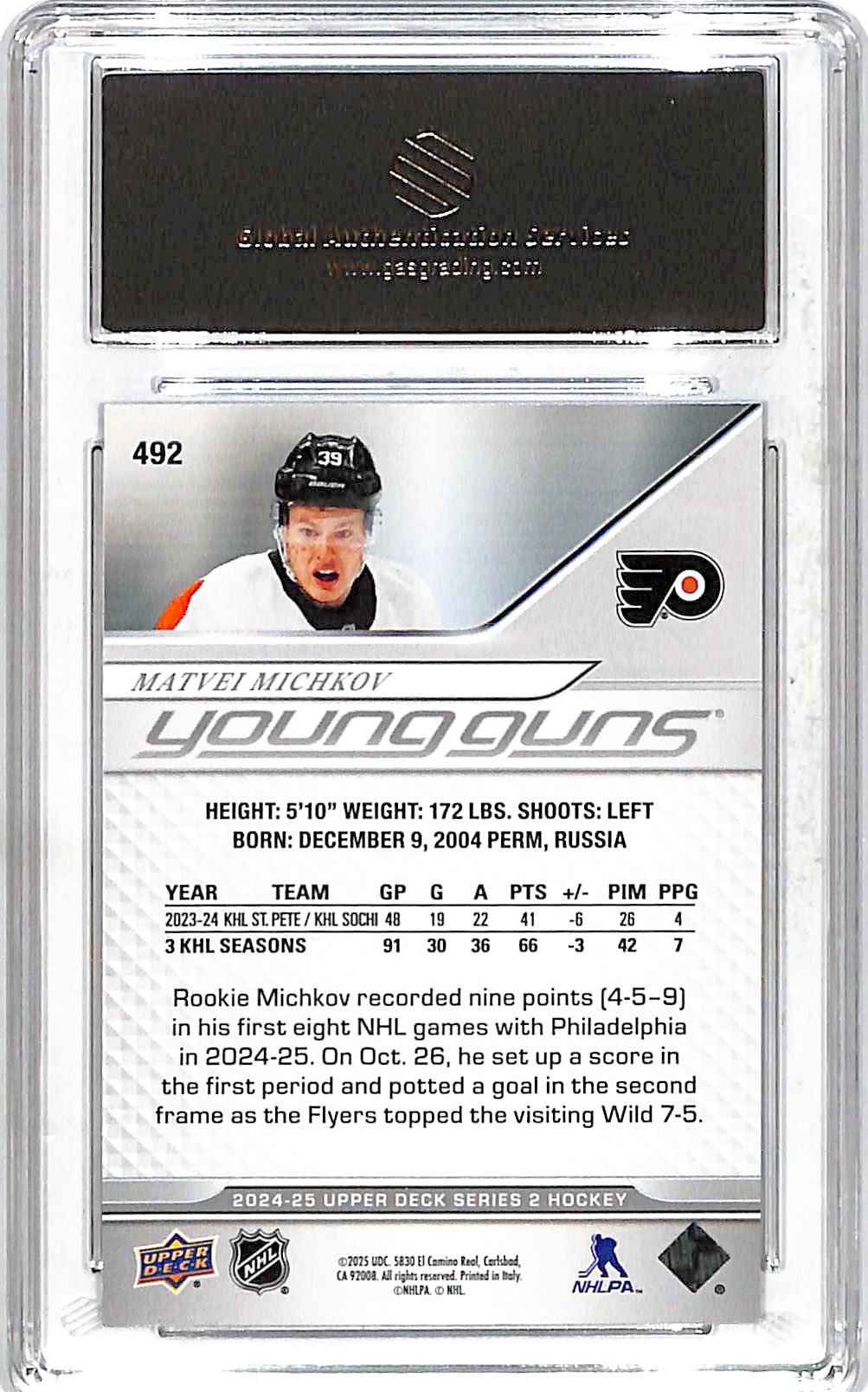 2024-25 Upper Deck Series 2 Matvei Michkov Rookie #492 GAS 9 Philadelphia Flyers