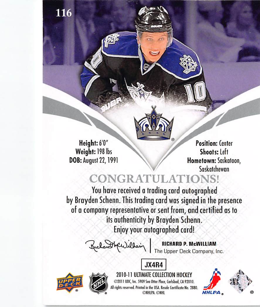 2011 Upper Deck Ultimate Collection Ultimate Rookies Autographed Brayden Schenn /299 #116 Los Angeles Kings