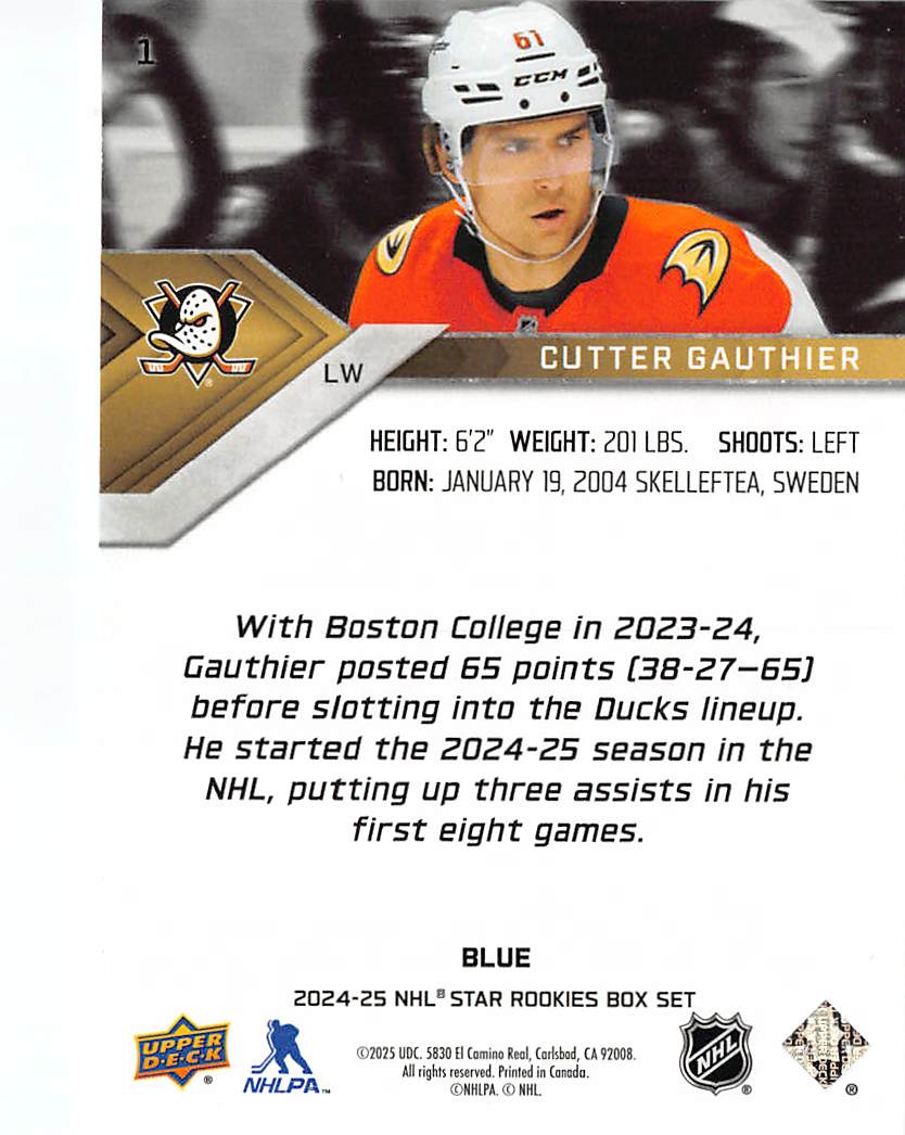 2024-25 Upper Deck NHL Star Rookies Box Set Cutter Gauthier Blue #1 Anaheim Ducks